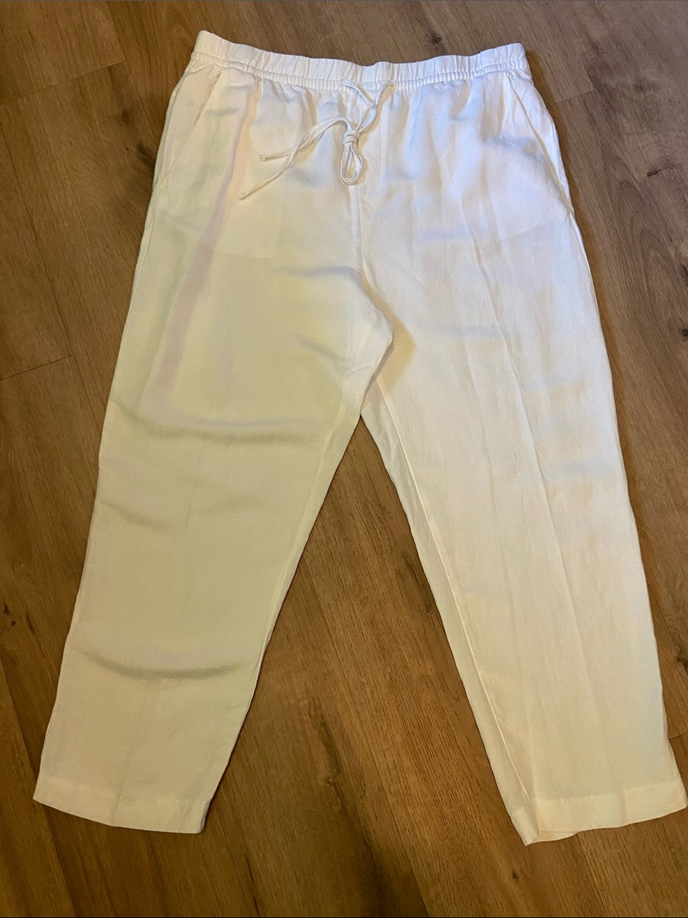 H&M Wide Leg Linen Blend Pull-On Pants Size L White Pockets Coastal Grandma EUC‎